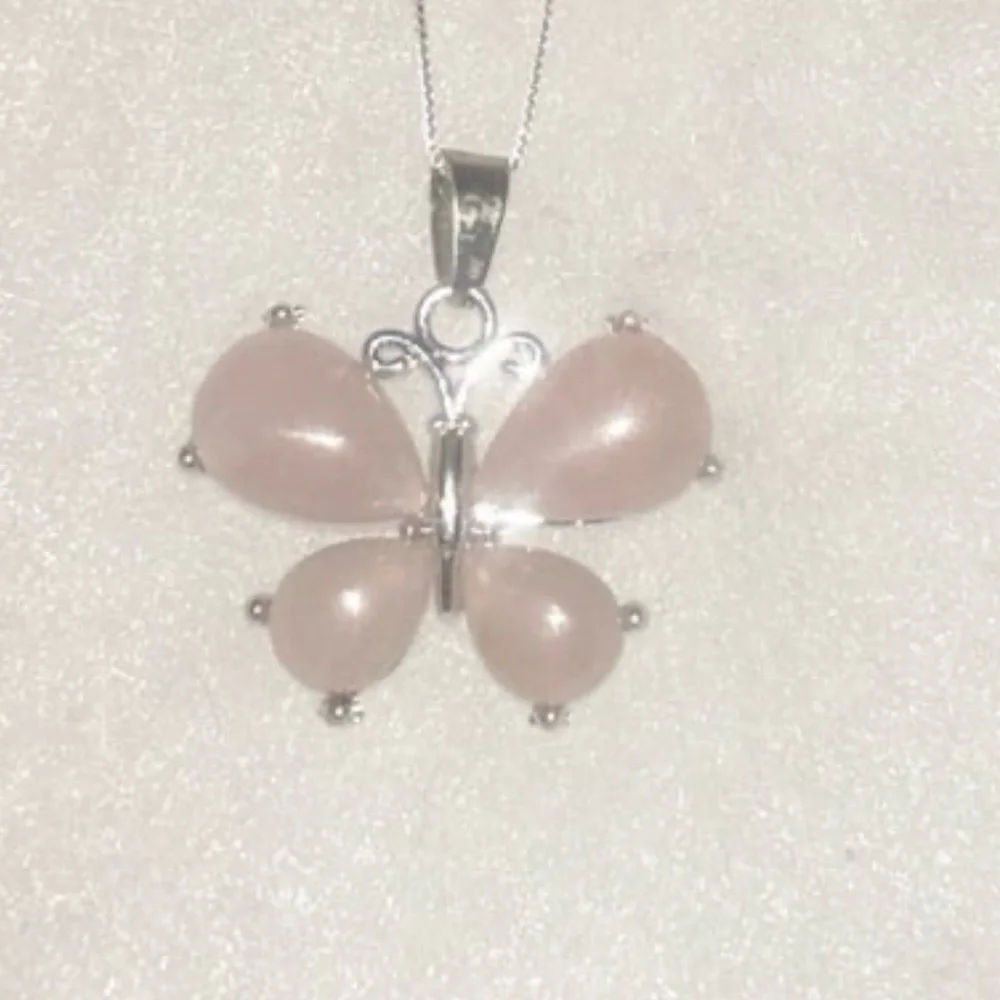 Boho hippie Rose Quartz Crystal Butterfly Sterling Silver 17” Necklace